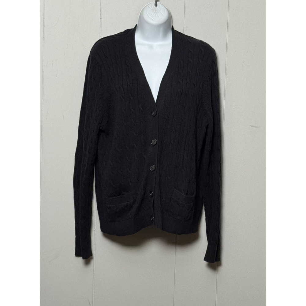 Lands' End Women's Black Cable Knit V-Neck Button Cardigan Sweater Pockets Sz L